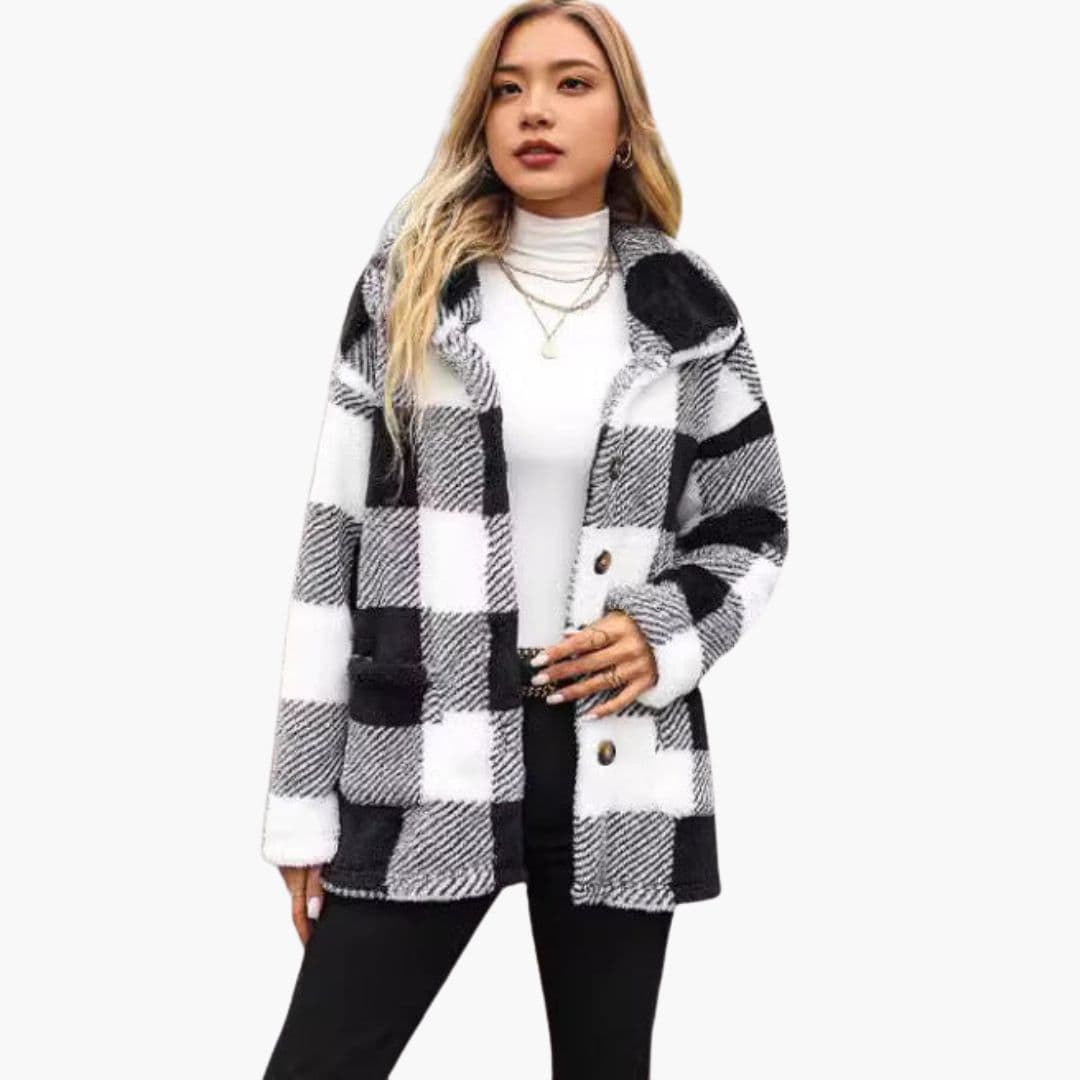 Women's cozy plush plaid jacket checkered pattern pointed collar button front pockets warm textured coat