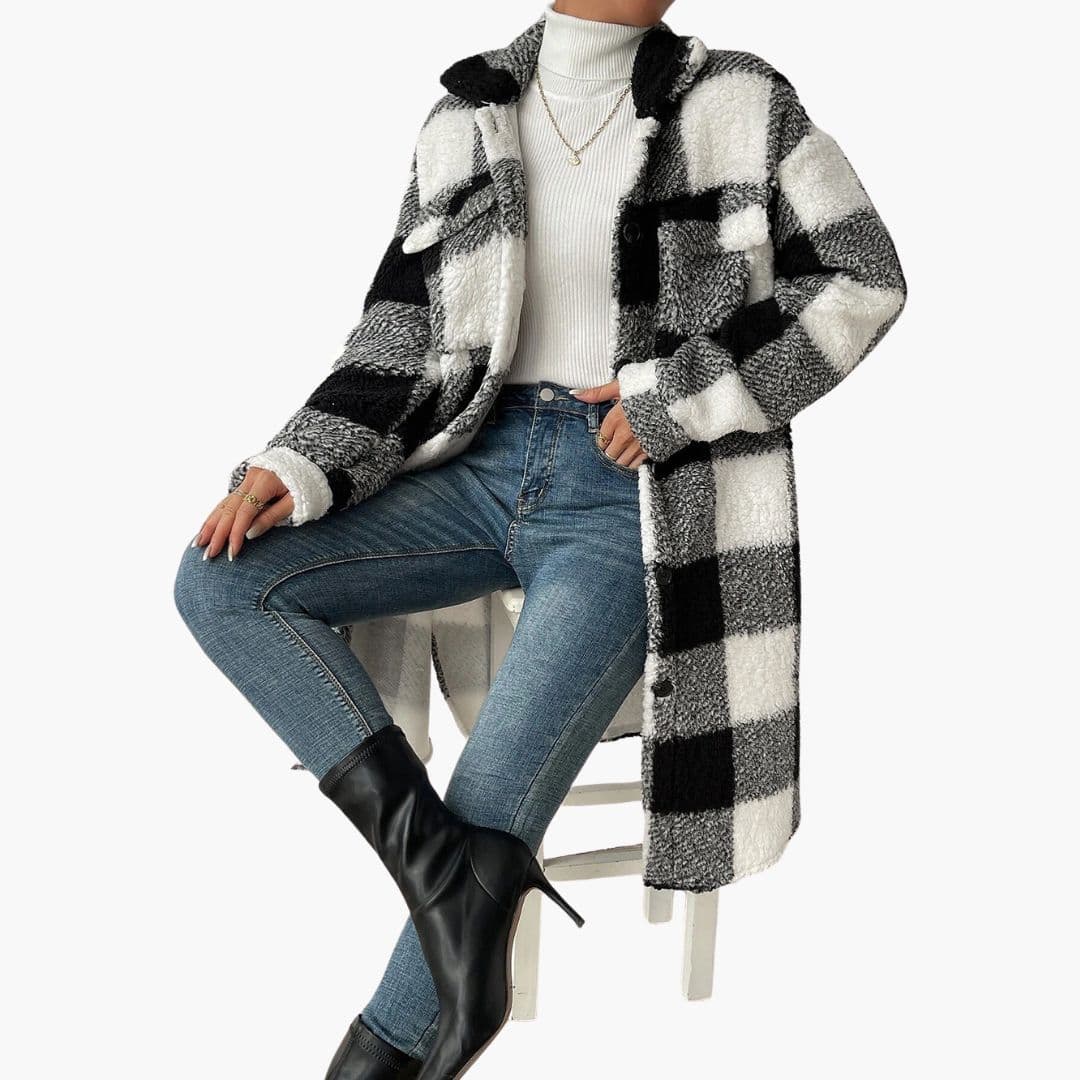 Women's fluffy plaid checkered jacket with button closure, patch pockets, cozy textured coat