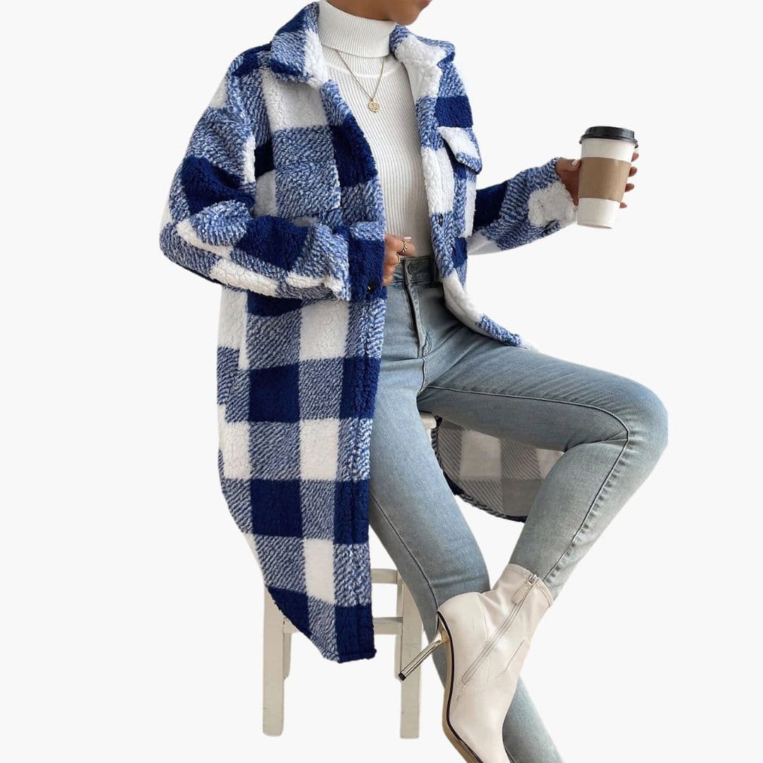 Women's fluffy plaid checkered jacket with button closure, patch pockets, cozy textured coat