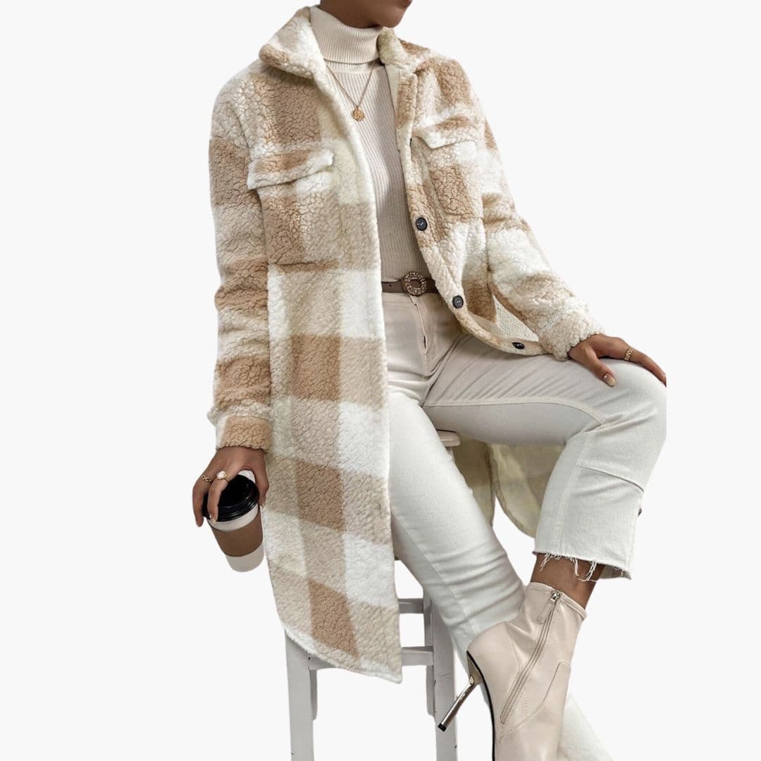 Women's fluffy plaid checkered jacket with button closure, patch pockets, cozy textured coat