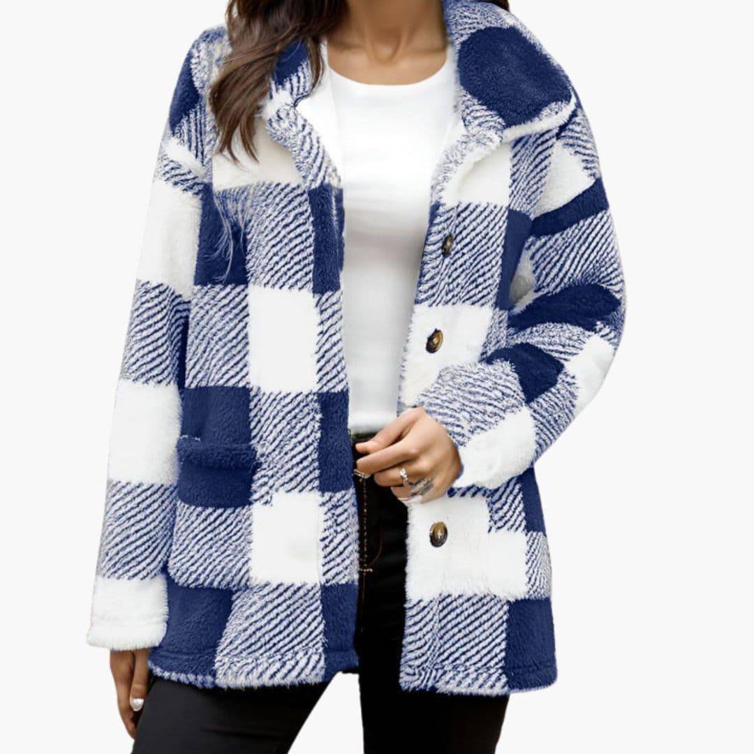 Women's cozy plush plaid jacket pointed collar button front checkered warm textured coat