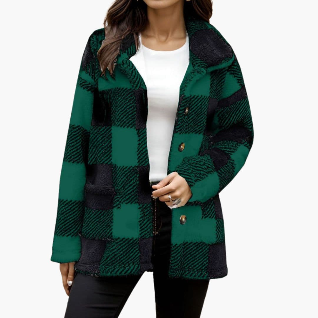 Women's cozy plush plaid jacket checkered coat pointed collar button front pockets warm textured