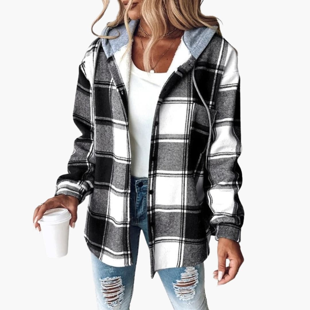 Women's plaid hooded jacket with drawstring hood, lined interior, button closure and side pockets