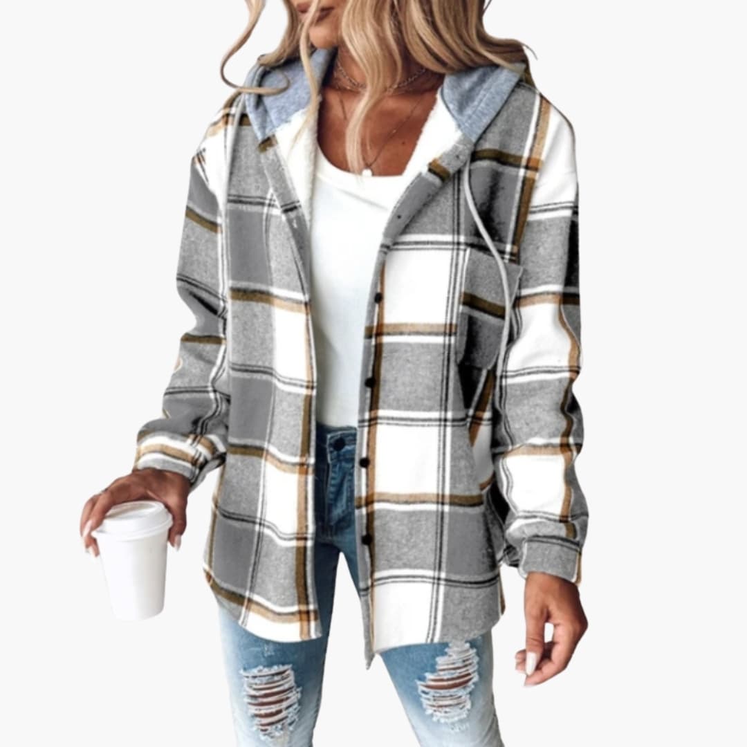 Women's plaid hooded jacket with drawstring hood, lined interior, button front, and side pockets