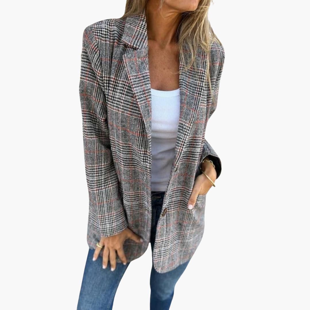 Women's plaid blazer notch collar fitted checkered jacket with front pockets office elegant