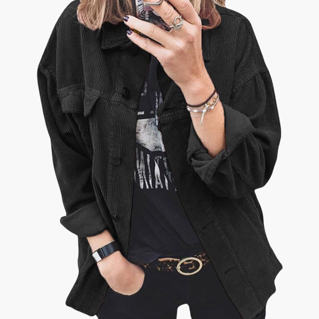 Women's striped loose fit casual jacket with pointed collar, button front, and large patch pockets