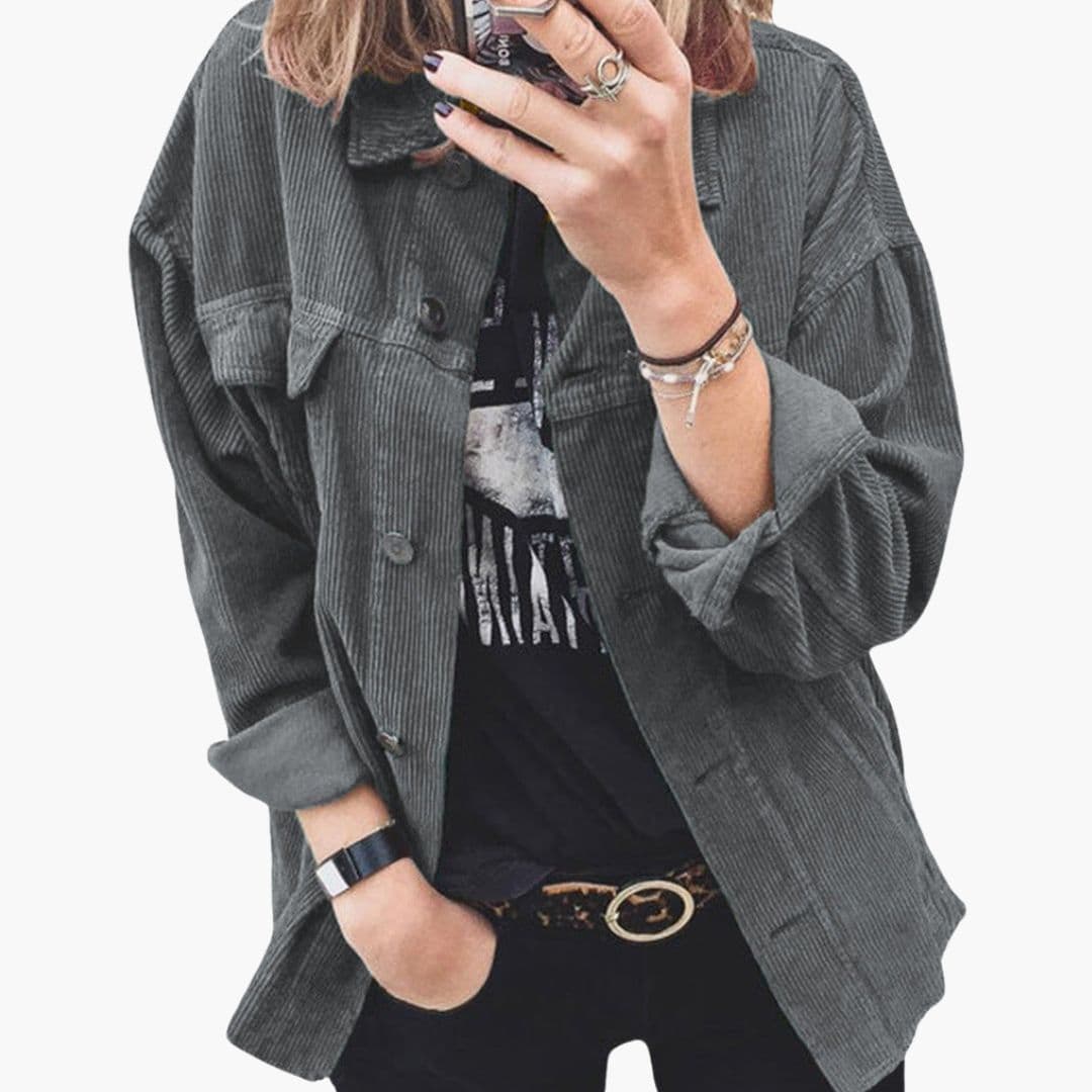 Women's striped texture loose fit jacket with button front closure and large patch pockets