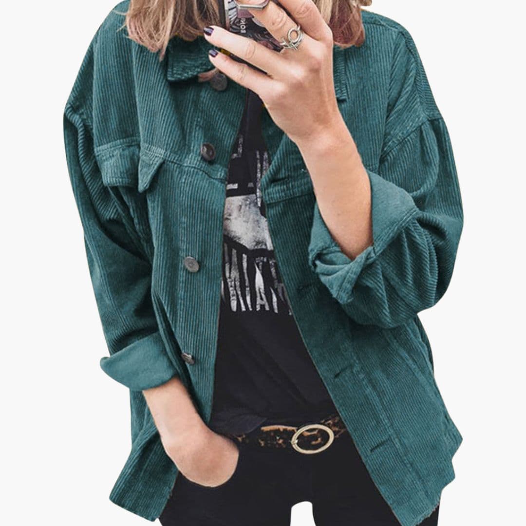 Women's striped loose-fit casual jacket with pointed collar, front buttons, and large patch pockets