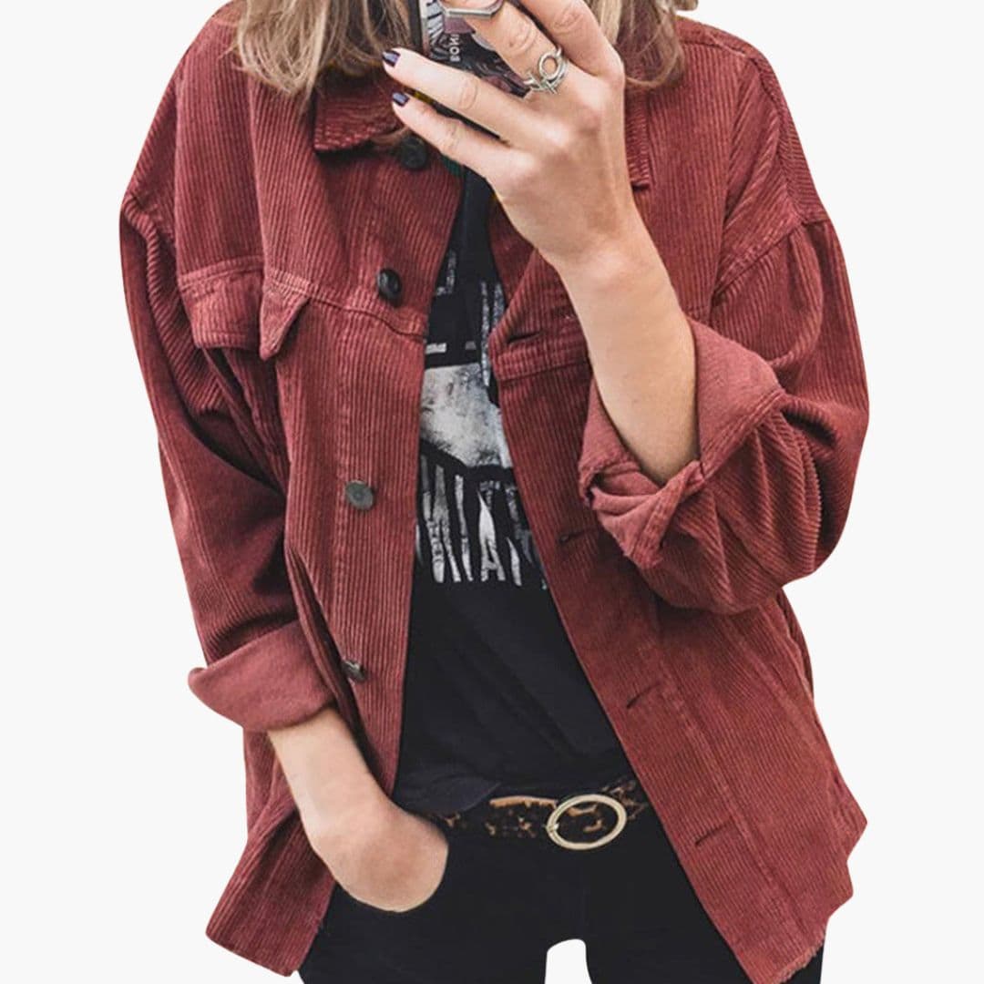 Women's striped texture loose fit jacket with pointed collar, button front, and large patch pockets