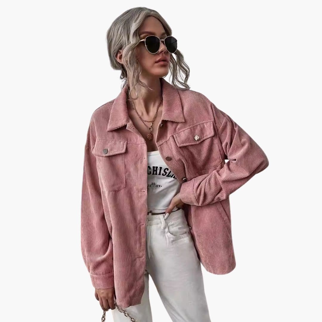 Women's striped button-front jacket with chest pockets and pointed collar for everyday chic style