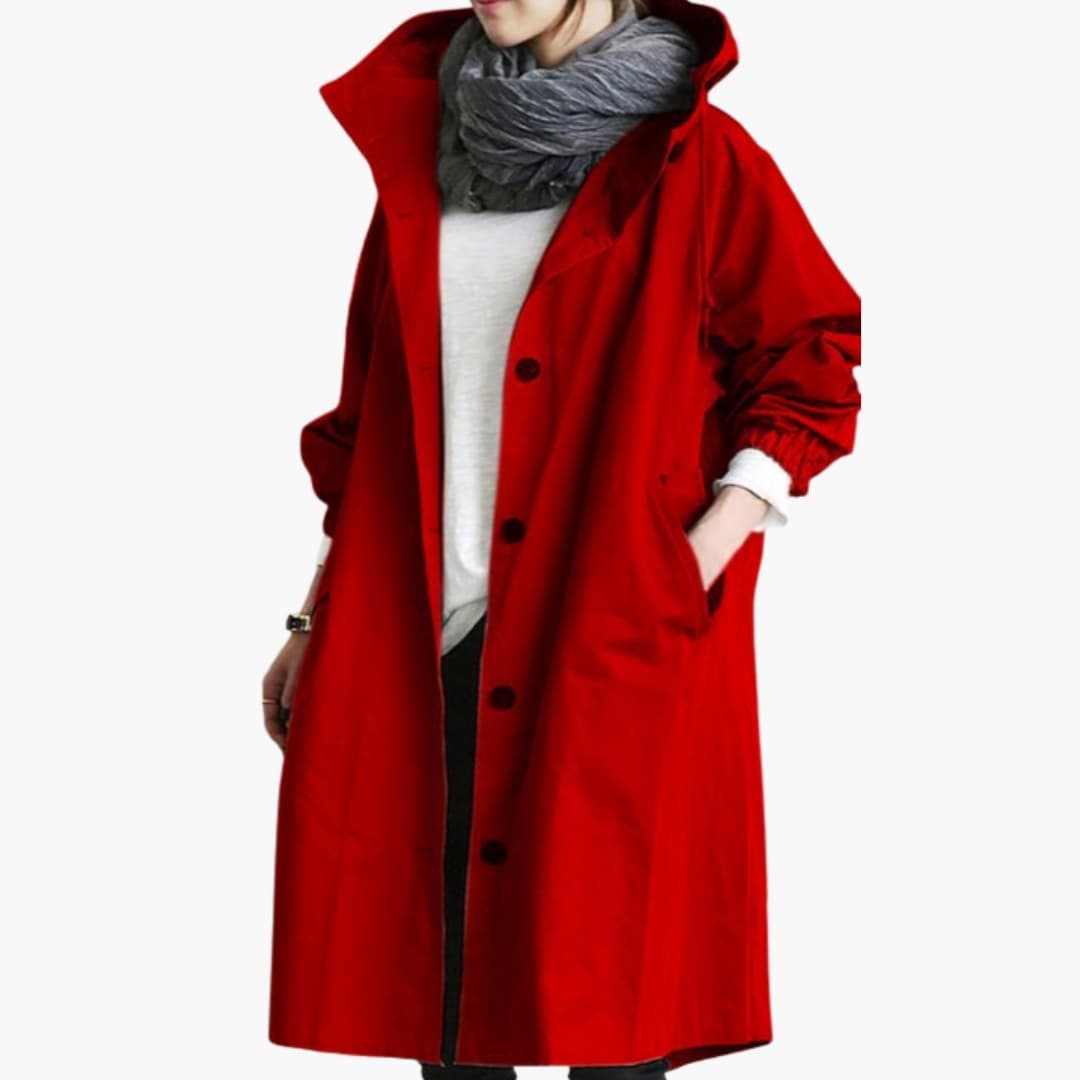 Women's versatile outdoor jacket with adjustable hood, front pockets, structured neckline, clean texture