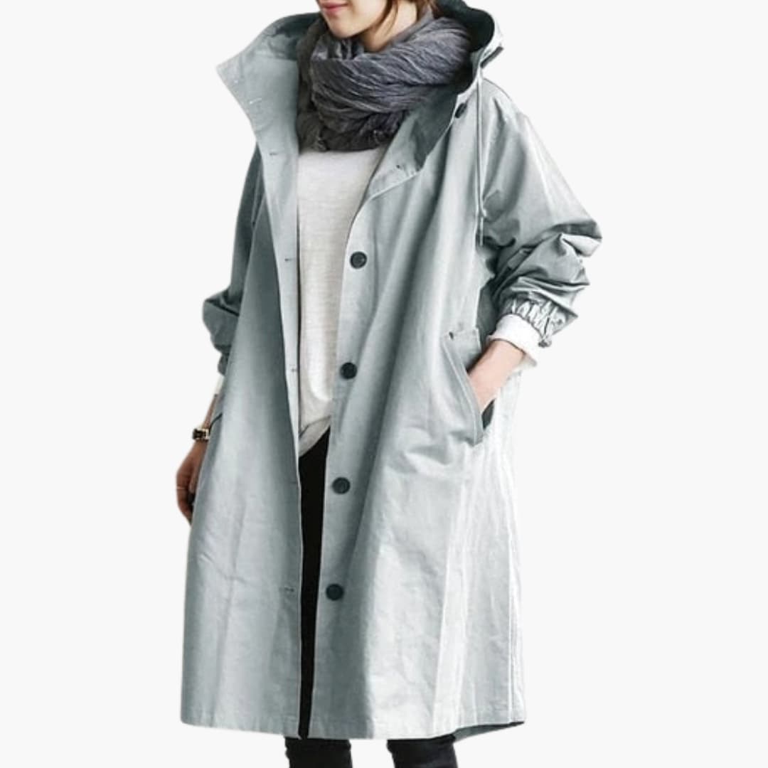 Women's versatile outdoor jacket with adjustable hood, front pockets, structured neckline
