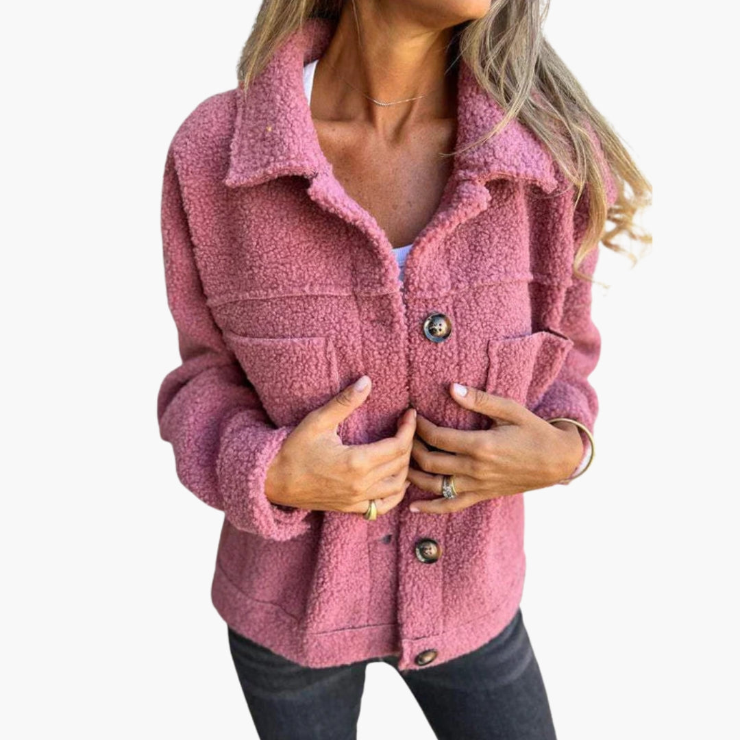 Women's wool blend jacket with notched collar, button-front closure, patch pockets, structured cozy fit