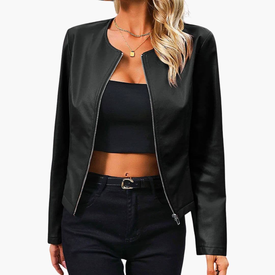 Women's mid-thigh zip-front jacket, long sleeves, round neck, minimalist silhouette