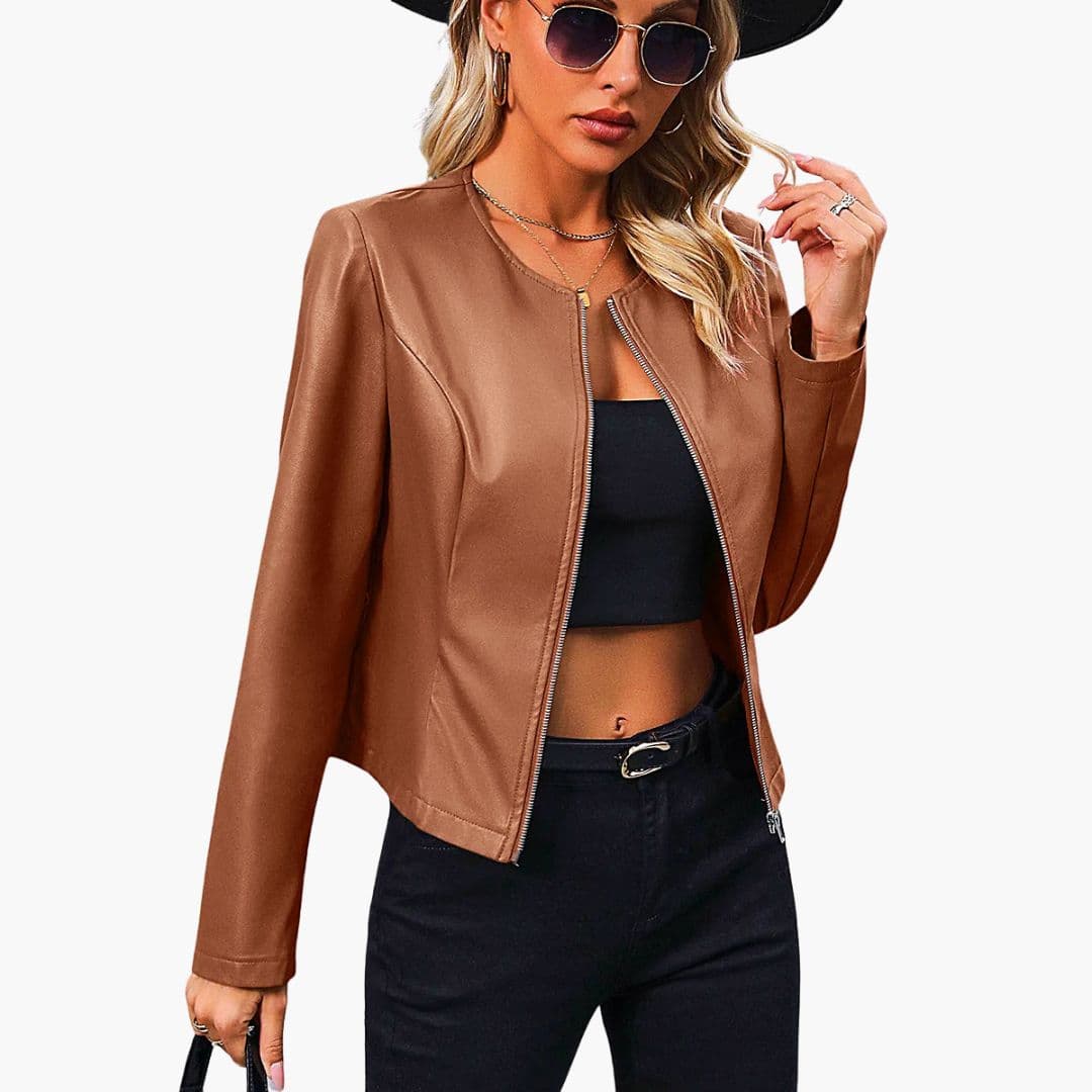 Women's mid-thigh zip-front jacket, long sleeves, round neck, minimalist silhouette in versatile chic style