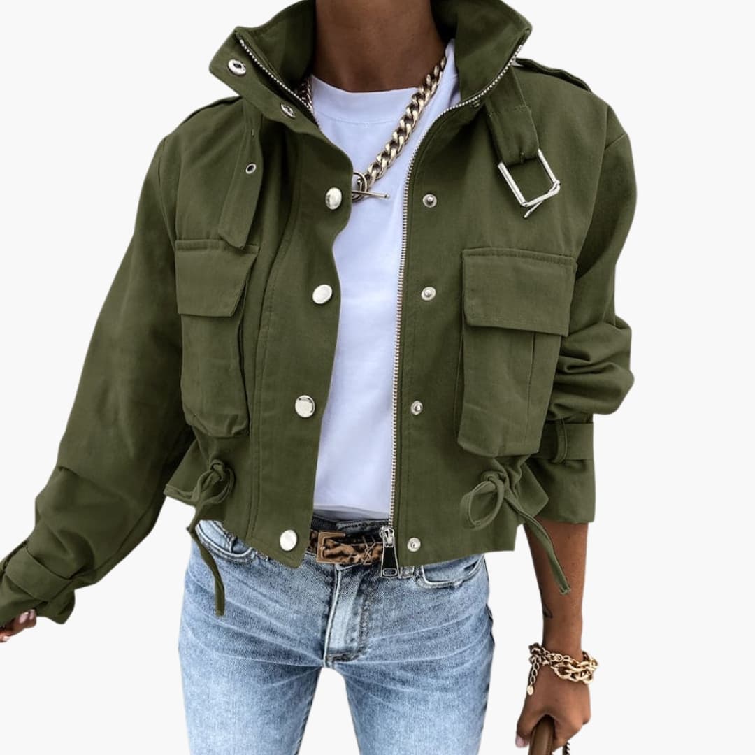 Women's short zip-front jacket with drawstring waist, snap placket, flap pockets, stand-up collar