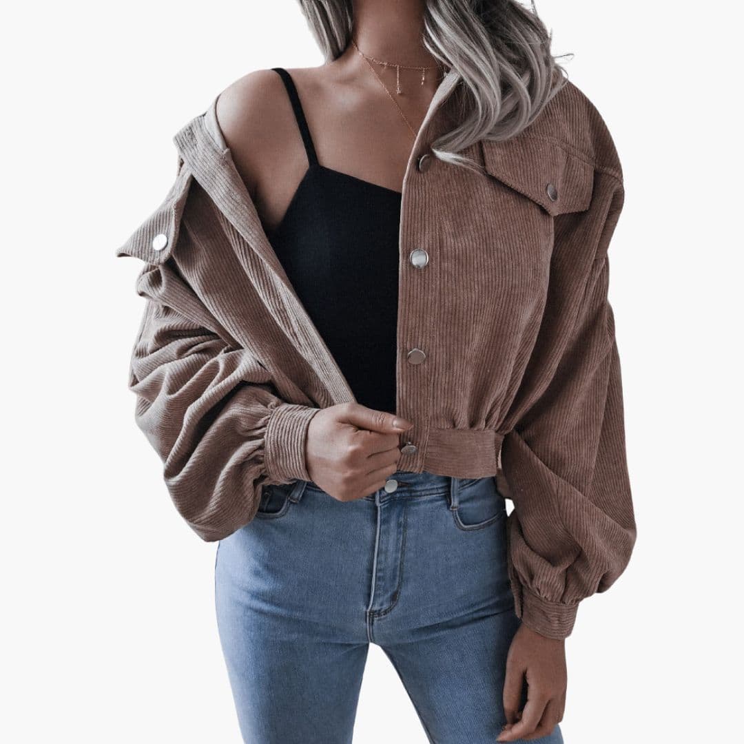 Women's short brown corduroy jacket snap button closure structured collar layering piece