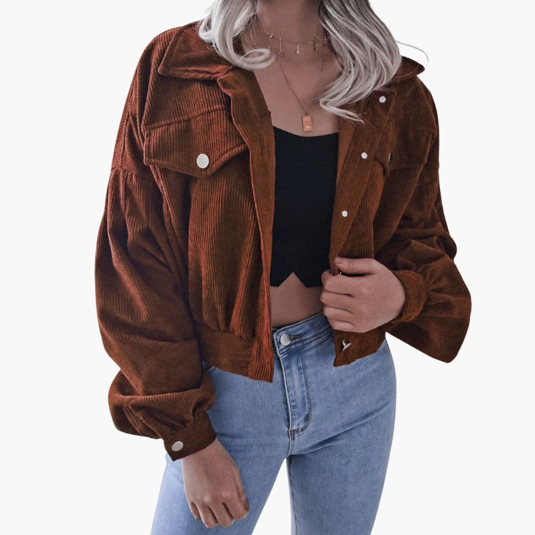 Women's short corduroy jacket snap button closure structured collar versatile layering brown textured