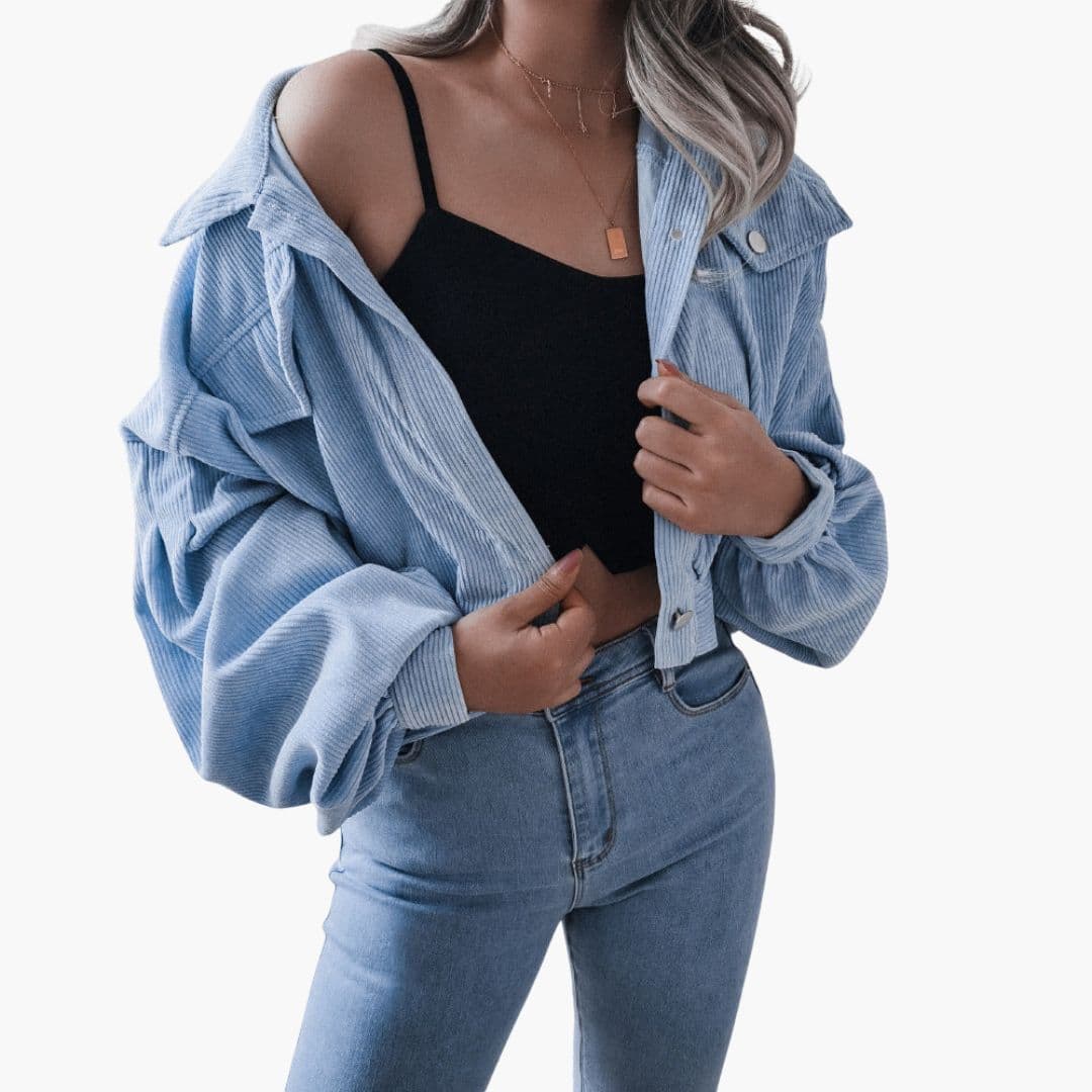 Women's short corduroy jacket snap button closure structured collar textured cropped layer