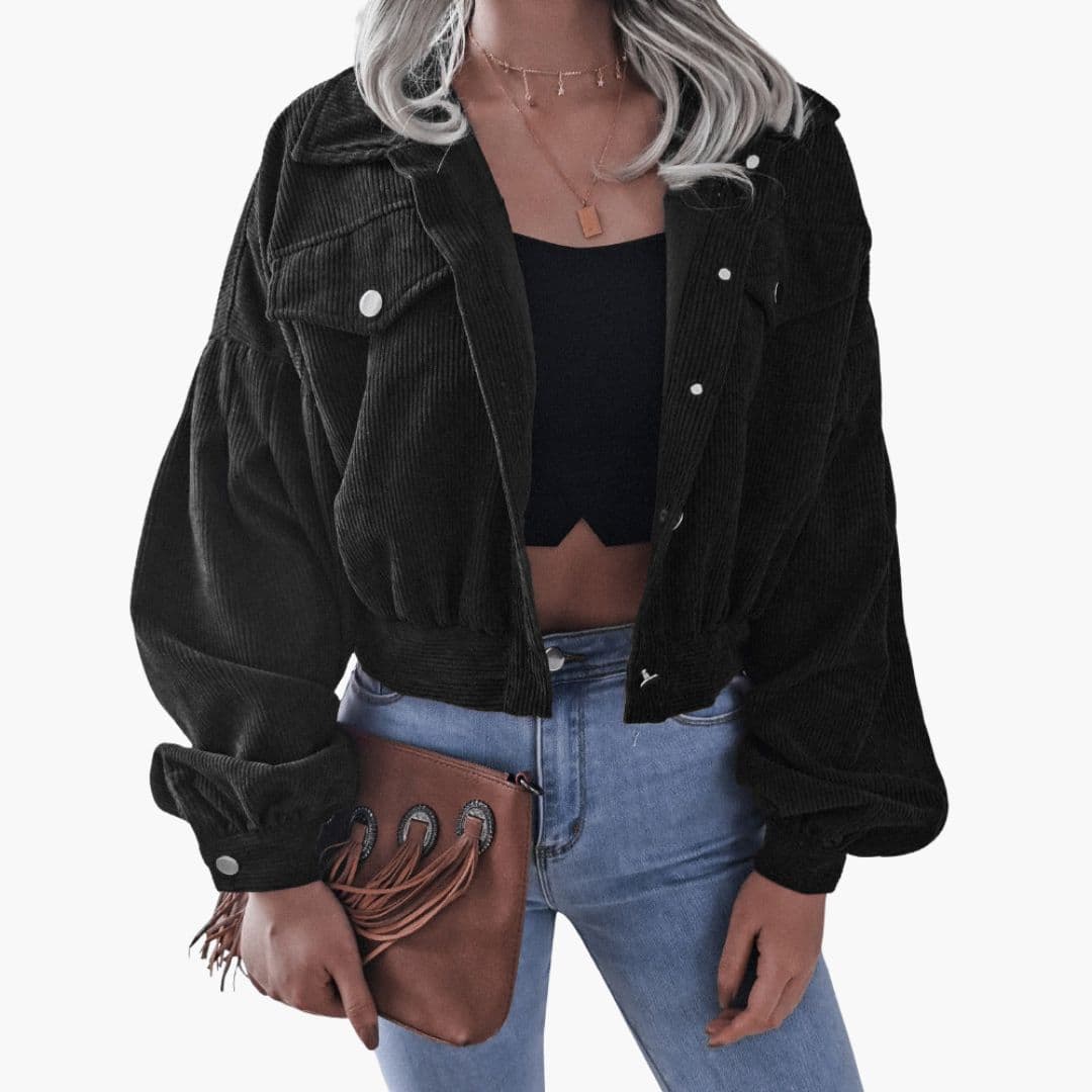 Women's short corduroy jacket snap button closure structured collar textured cropped layering piece