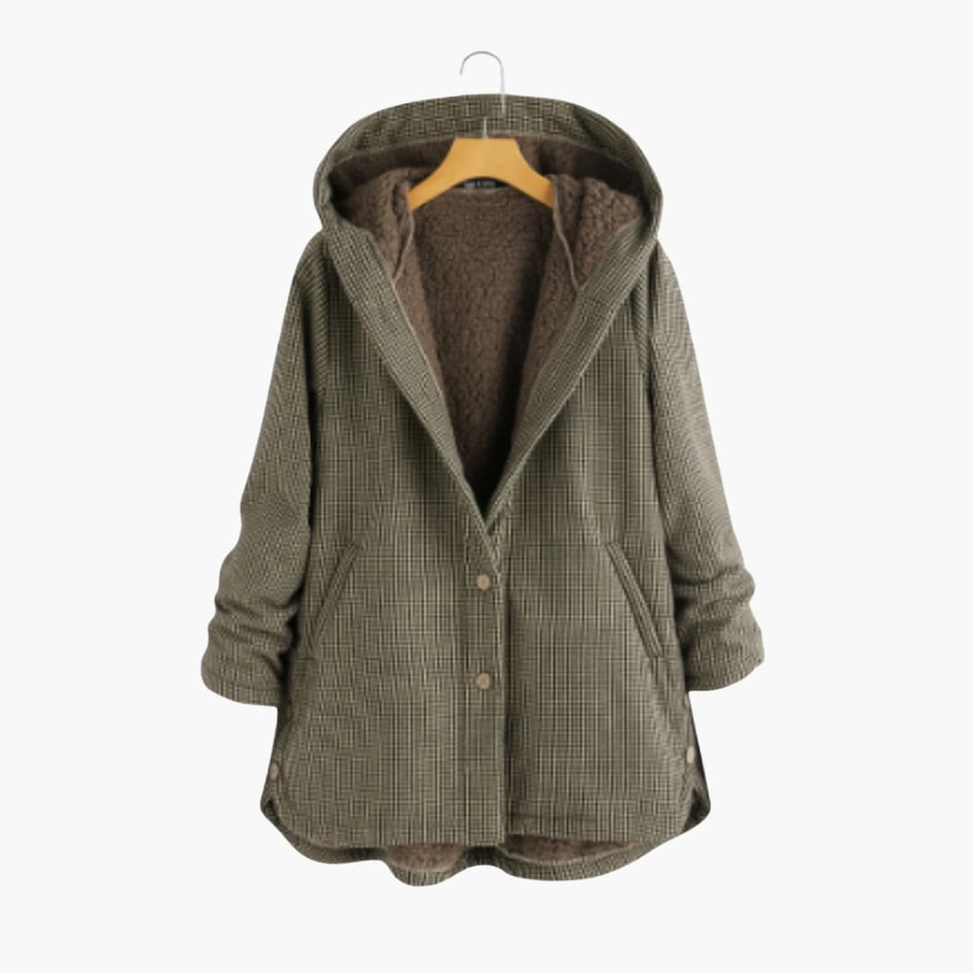 Women's hooded winter jacket checkered texture button closure side pockets cozy warmth