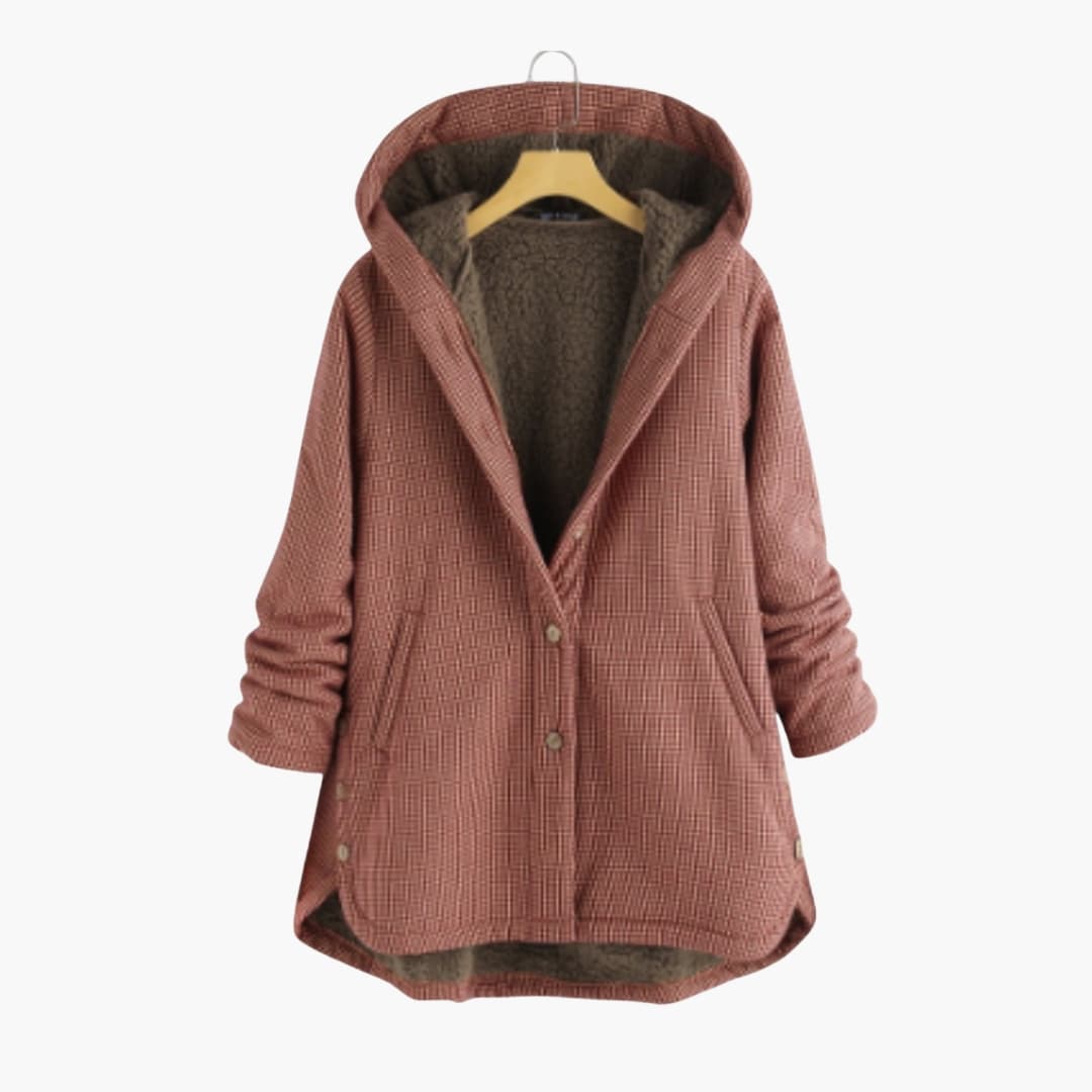 Women's hooded winter jacket checkered texture button closure side pockets cozy stylish warmth