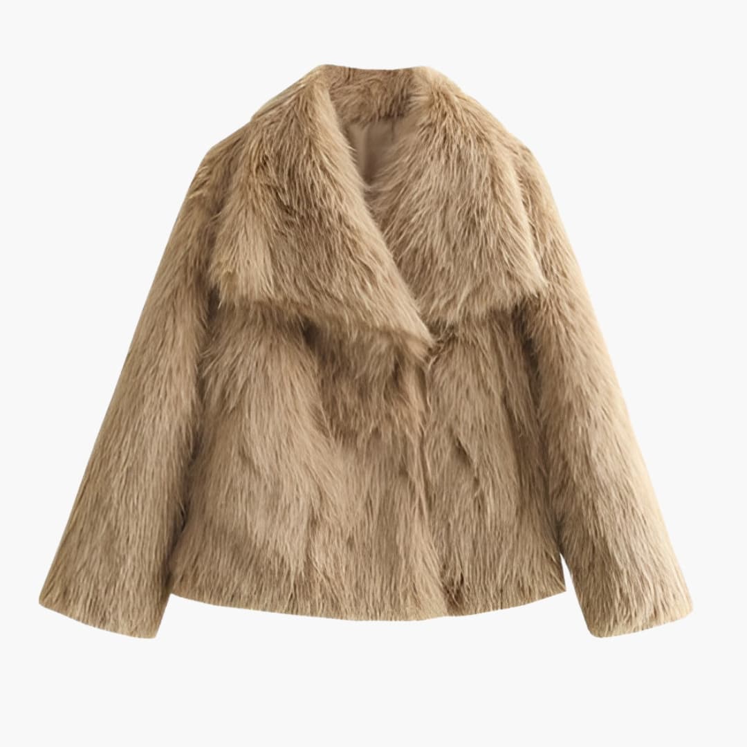 Women's beige faux fur jacket regular fit wide collar textured finish long sleeves cold-weather style