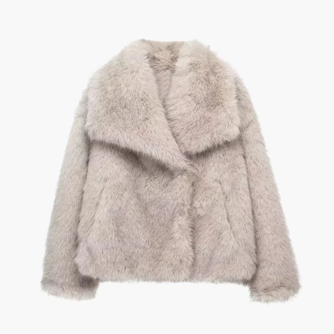 Women's faux fur jacket textured finish wide collar long sleeves regular fit cold-weather layer