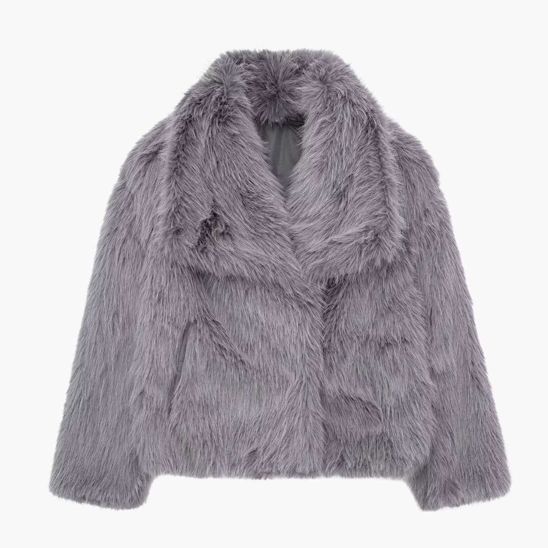 Women's white faux fur jacket regular fit wide collar textured finish long sleeves cold-weather