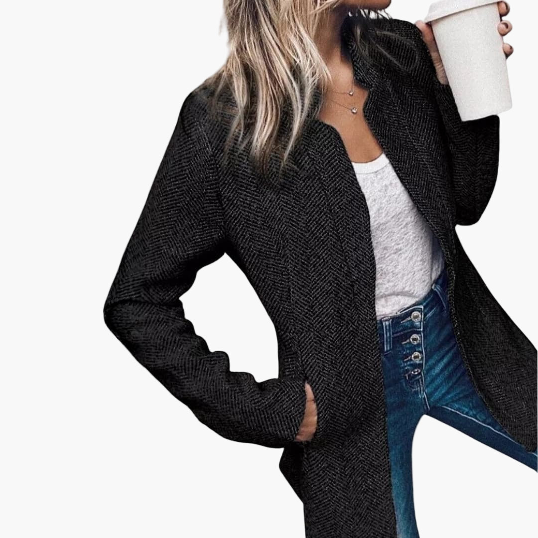 Women's open front tweed jacket long sleeves minimalist neckline versatile office layer