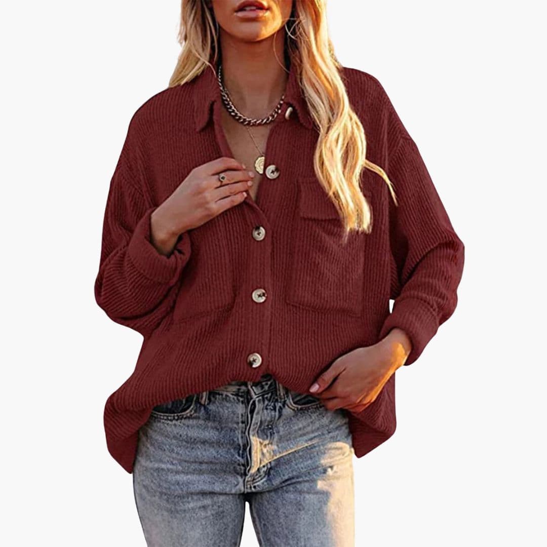 Women's brown corduroy jacket folded collar front button closure patch pockets timeless casual style