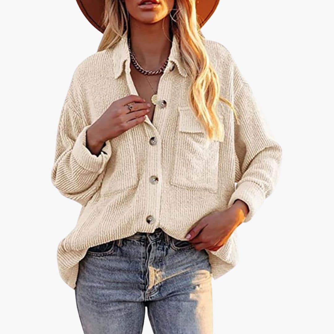 Women's brown corduroy jacket folded collar patch pockets front button closure timeless fit