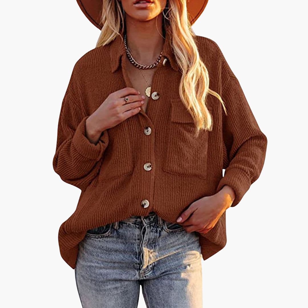 Women's brown corduroy jacket folded collar front button closure patch pockets timeless casual style