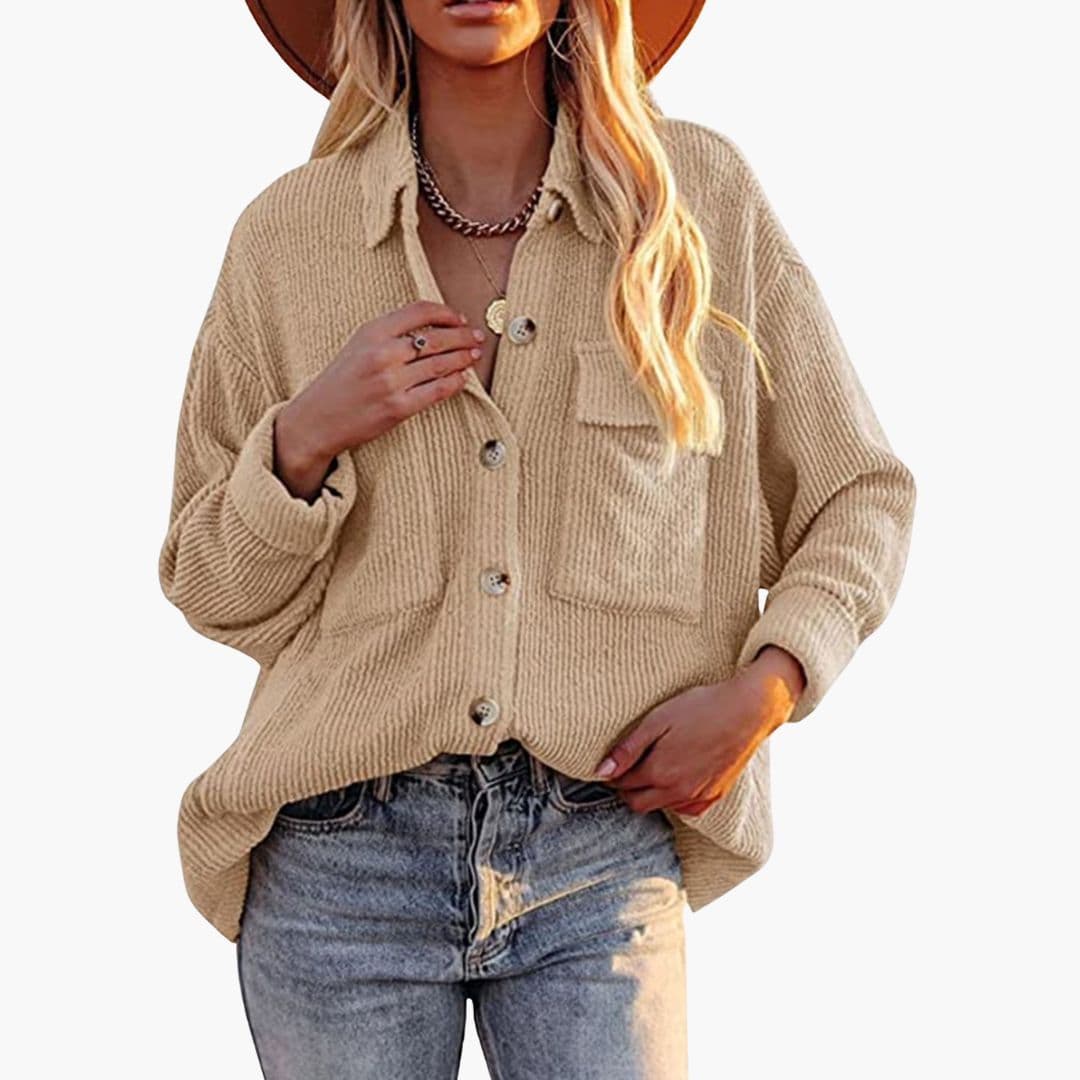 Women's brown corduroy jacket folded collar front button closure patch pockets timeless casual style