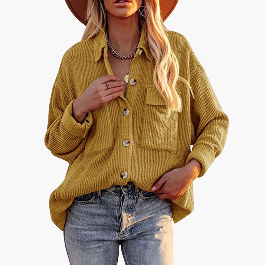 Women's brown corduroy jacket folded collar front button closure patch pockets timeless casual style