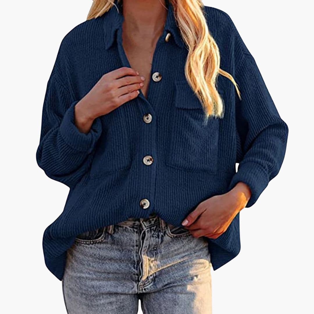 Women's brown corduroy jacket folded collar front button closure patch pockets timeless casual style