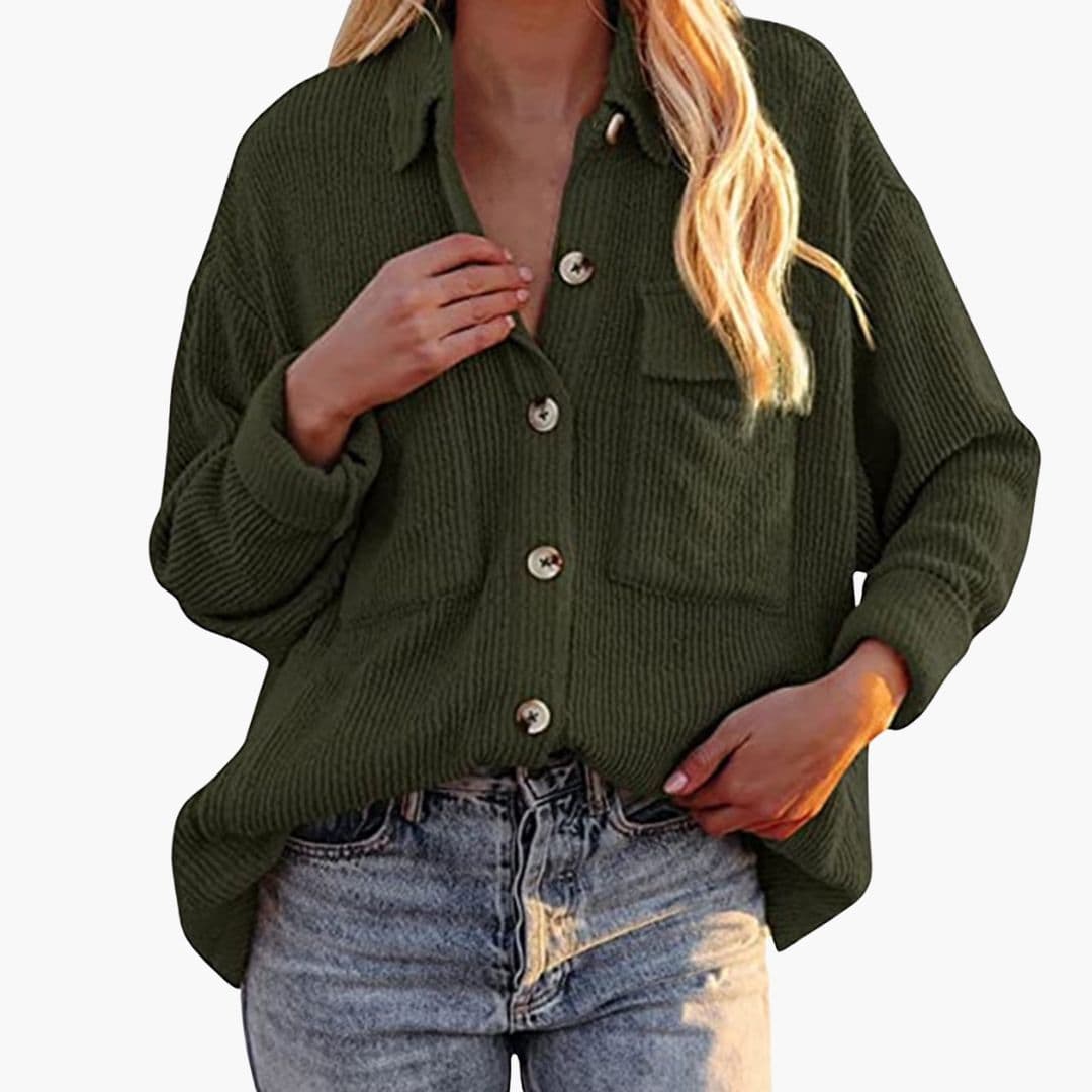 Women's brown corduroy jacket folded collar front button closure patch pockets timeless casual style