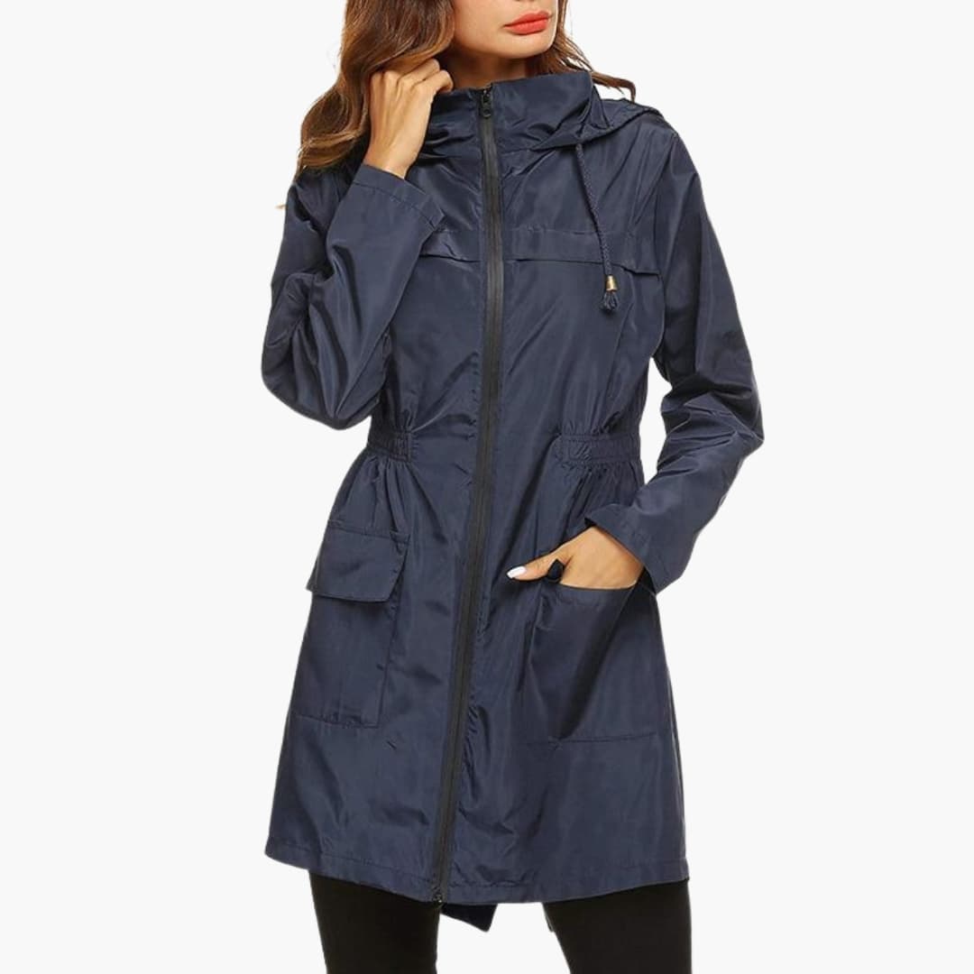 Women's long hooded jacket with full-zip closure, adjustable waist drawstring, mid-length active fit