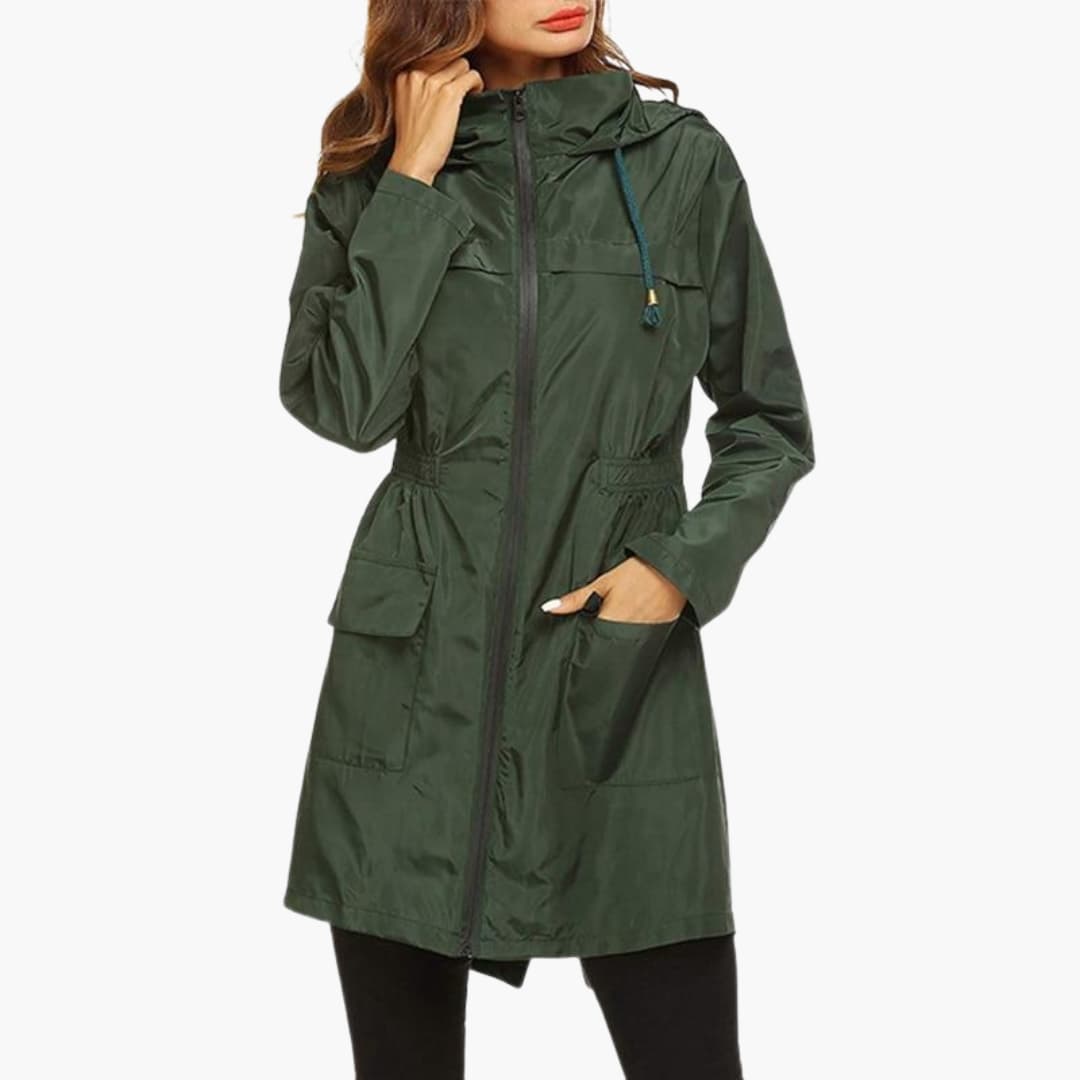 Women's long hooded jacket zip closure adjustable waist drawstring mid-length active outerwear coat