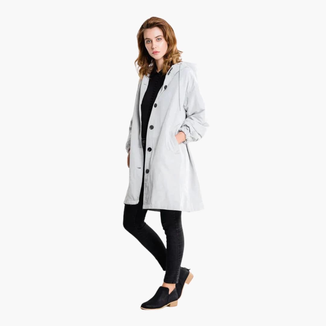Women's long hooded jacket button closure side pockets adjustable hood cozy versatile outerwear