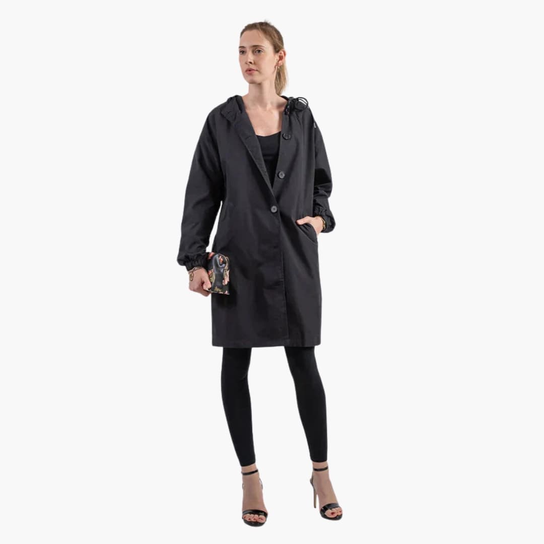 Women's long hooded jacket button closure adjustable hood side pockets cozy versatile outerwear
