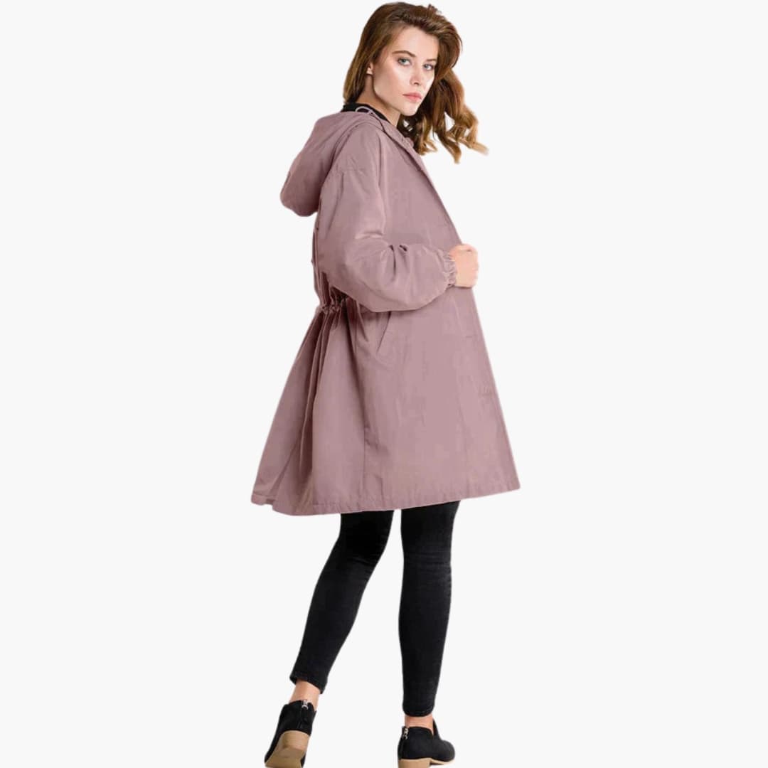 Women's long hooded jacket button closure side pockets adjustable hood cozy versatile outerwear
