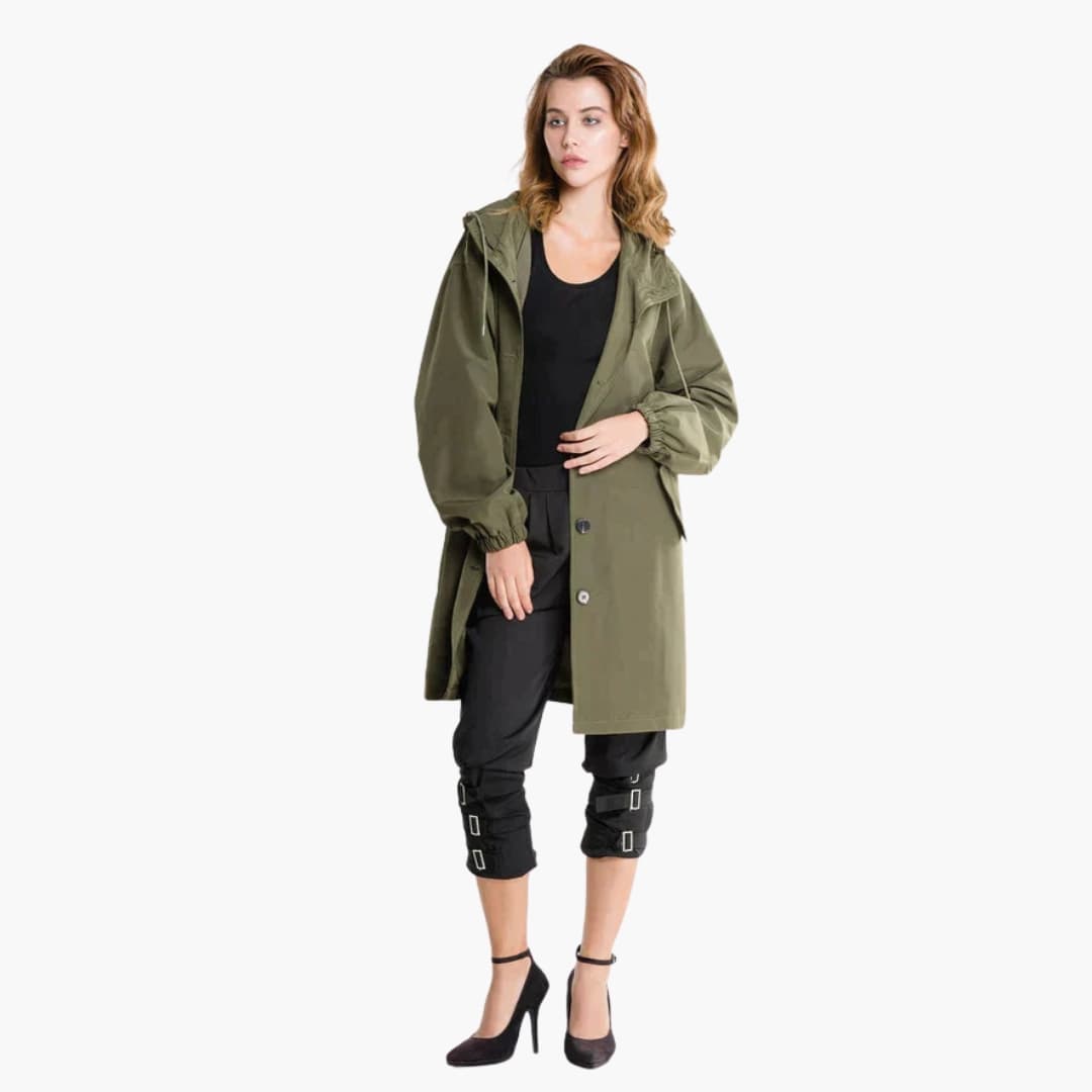 Women's long hooded jacket button closure side pockets adjustable hood cozy versatile outerwear