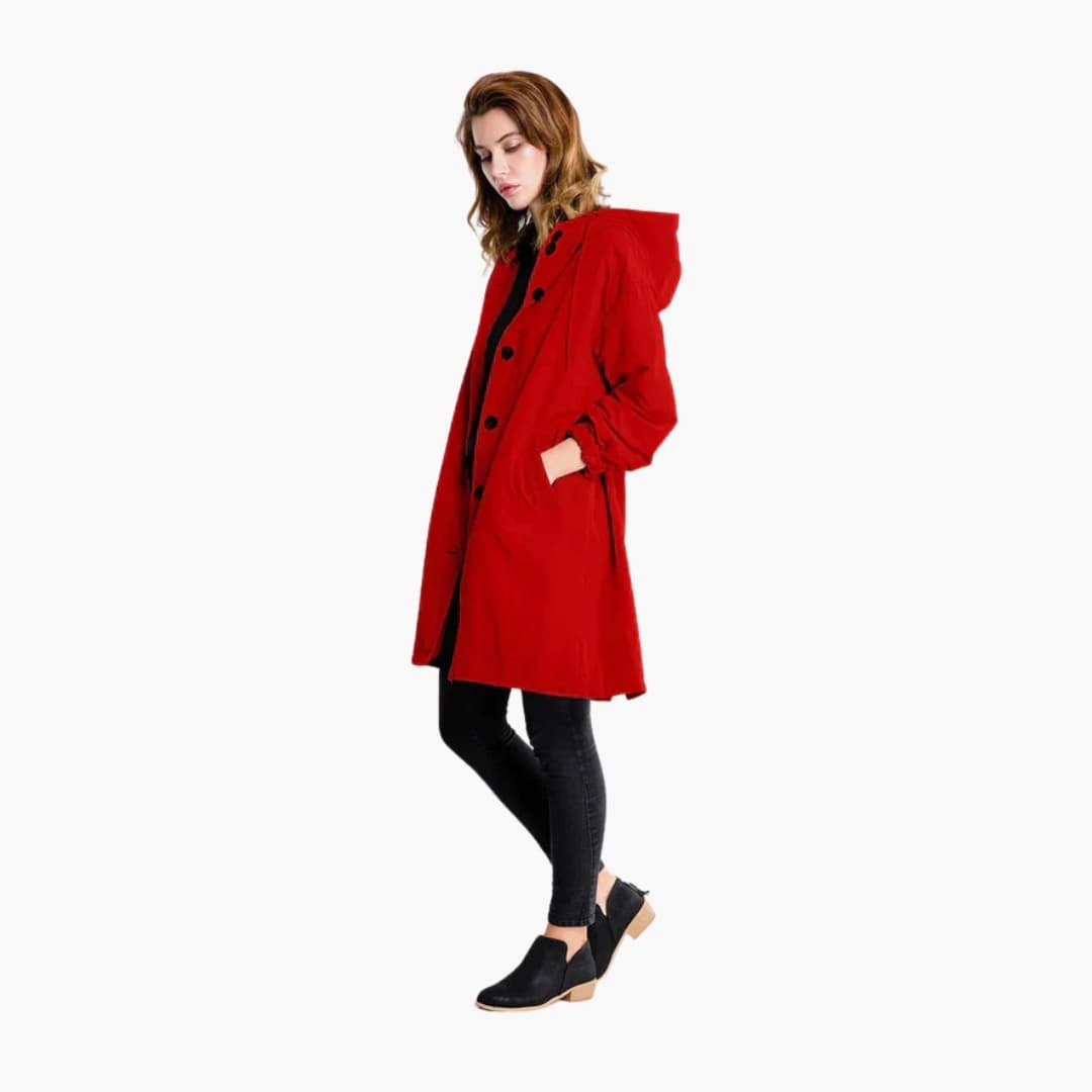 Women's long hooded jacket button closure side pockets adjustable hood cozy versatile outerwear