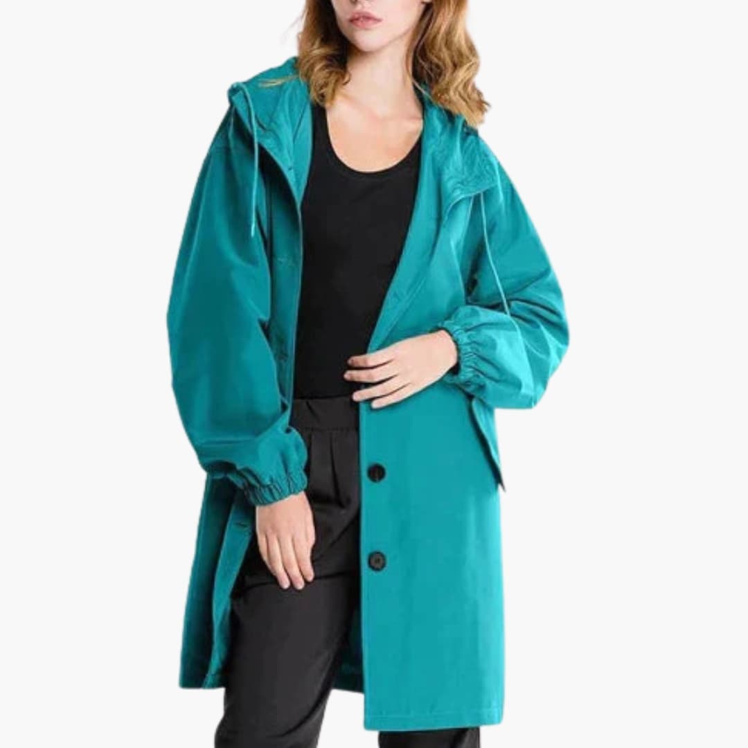 Women's long hooded jacket button front closure side pockets adjustable hood cozy outerwear