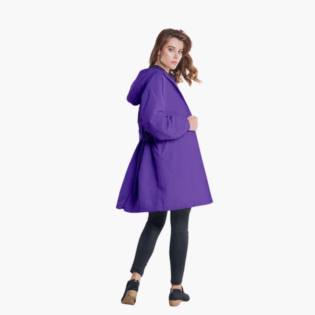 Women's long hooded jacket button front closure side pockets adjustable hood cozy outerwear