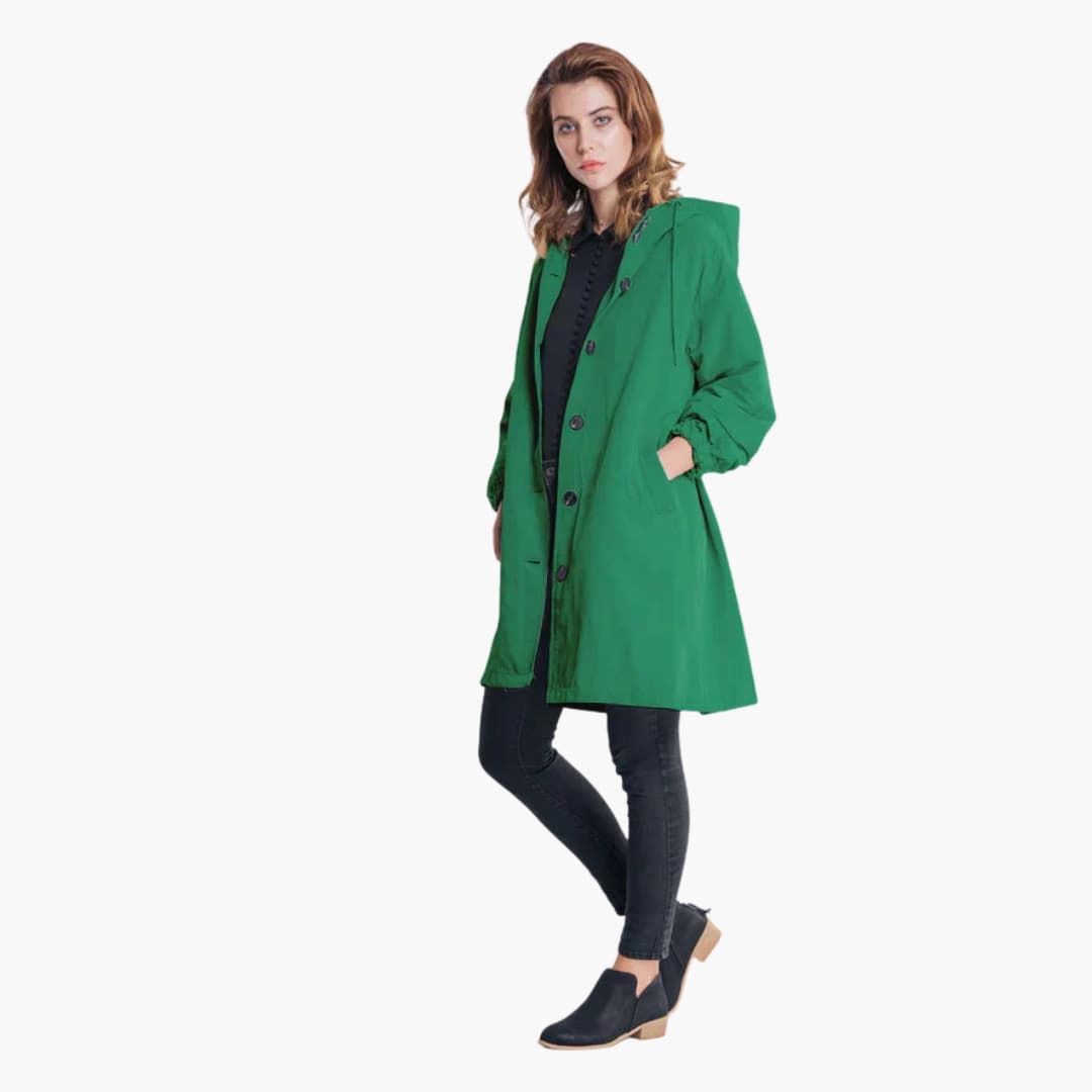 Women's long hooded jacket button closure side pockets adjustable hood cozy versatile outerwear