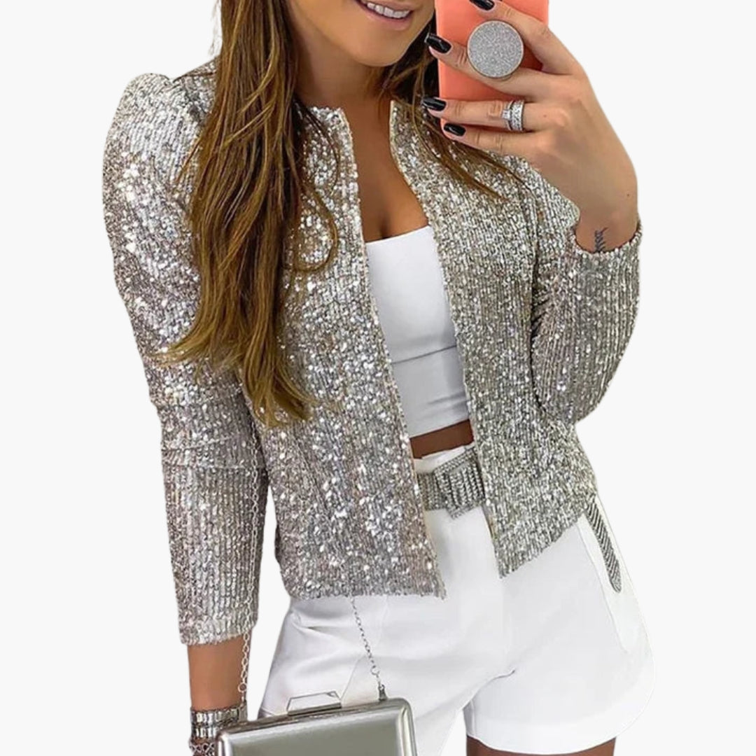 Women's silver full-sequin hip-length jacket with long sleeves and open-front party style