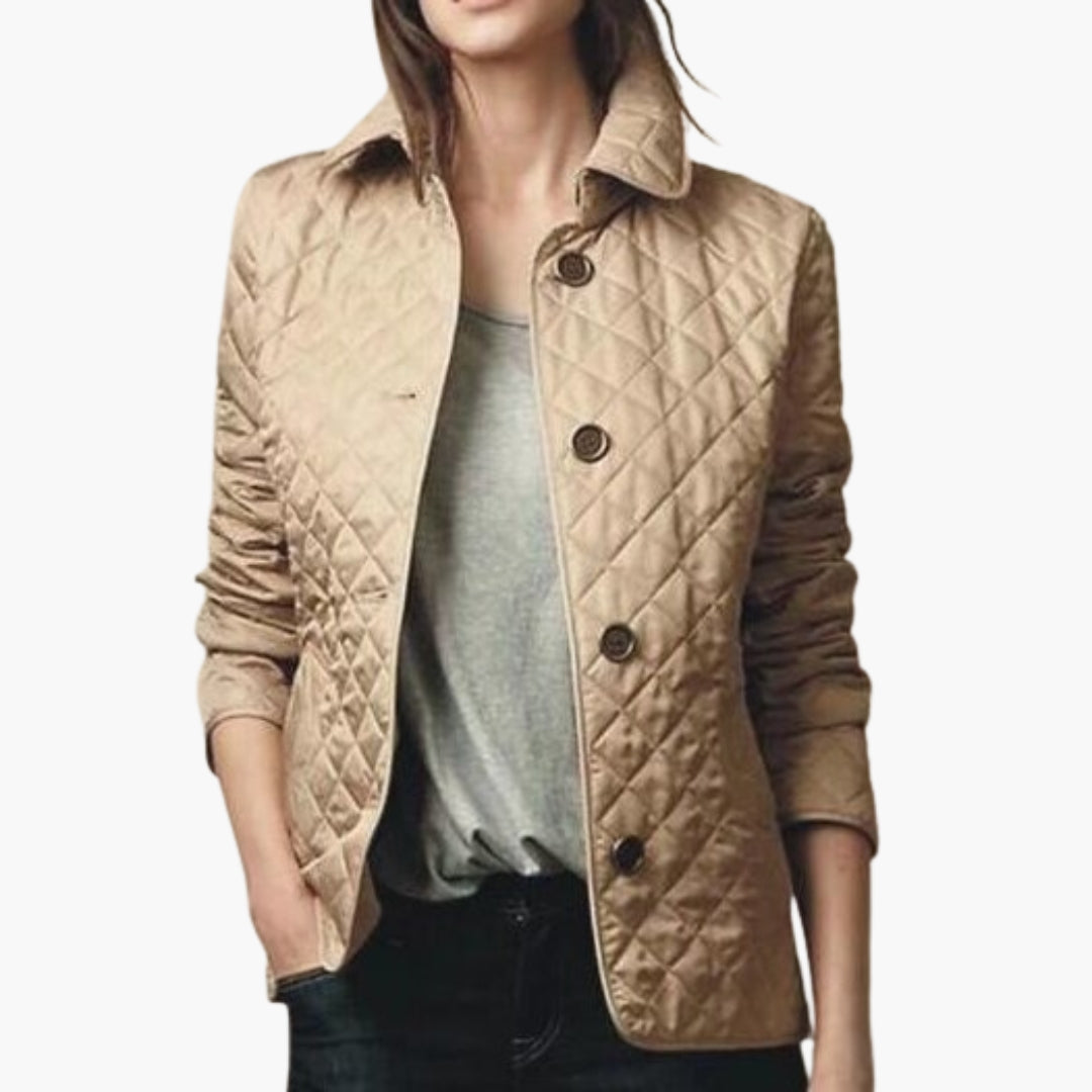 Women's quilted jacket with button closure, foldable cuffs revealing contrast lining, structured collar