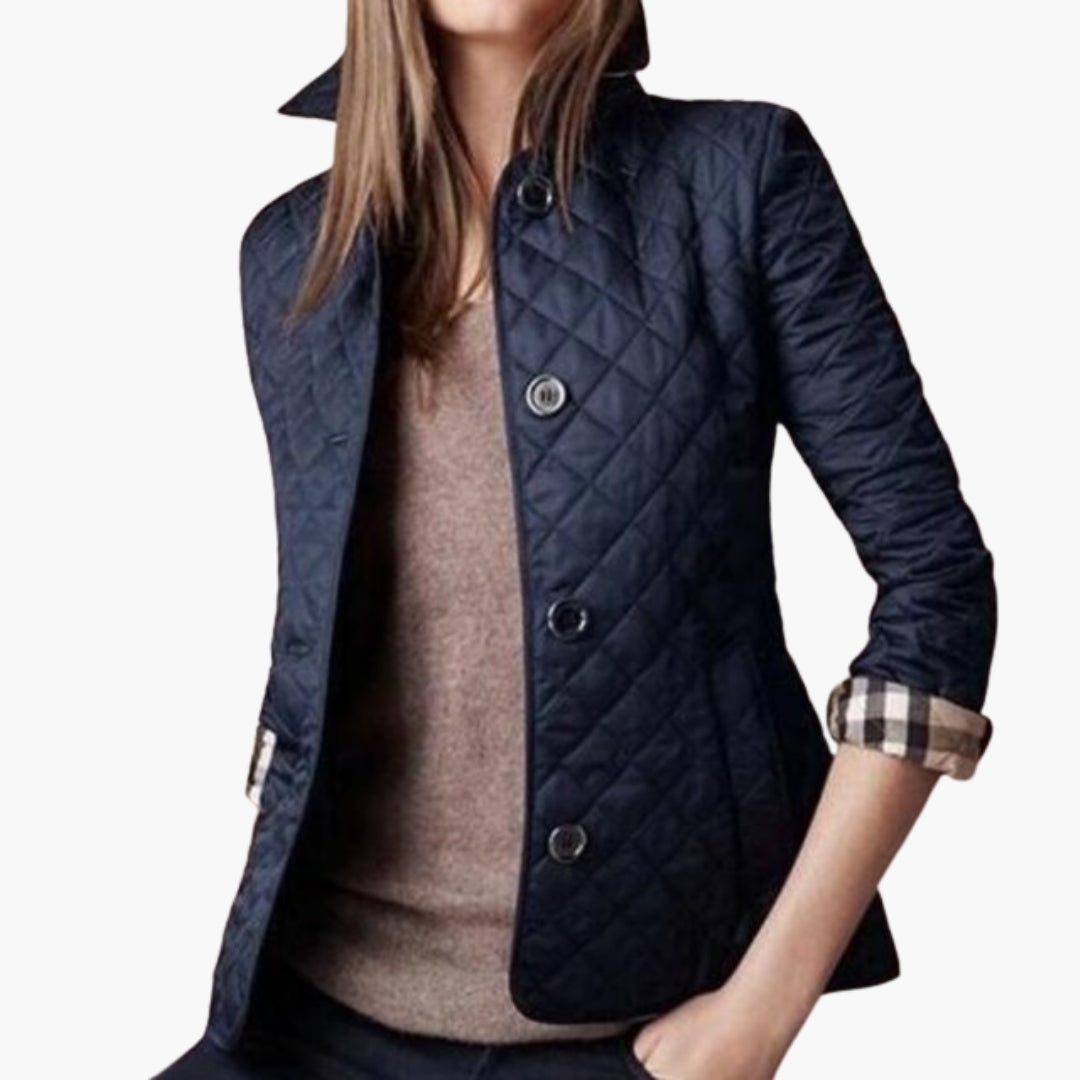 Women's quilted jacket diamond pattern button closure foldable cuffs contrast lining structured collar